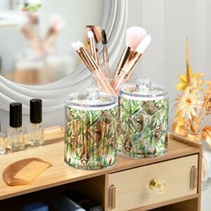 AMmao 2 Pack Cotton Swab Holder Dispenser Bathroom Set Apothecary Jars with Lid Watercolor Sloth Tropical Plant Plastic Bathroom Container Storage Organization for Cotton Ball Rounds Floss