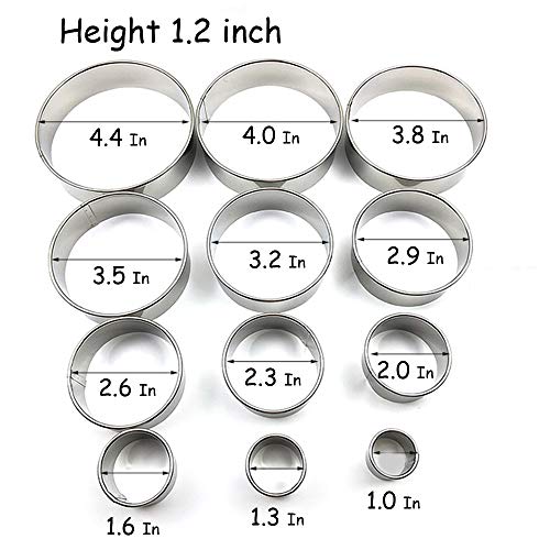 RIHAI Stainless Steel Round Cookie Cutter Set, 12 Circular Biscuit Cutters Round Donut Ring Molds for Baking 1.2 Inch Height