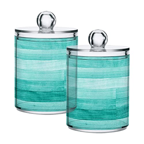 ALAZA 2pcs Teal Turquoise Green Wood Qtip Holder Dispenser 14 oz Bathroom Storage Clear Apothecary Jars Containers Cotton Ball,Cotton Rounds,Floss Picks, Hair Clips, Food