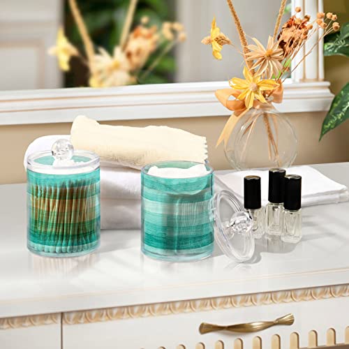 ALAZA 2pcs Teal Turquoise Green Wood Qtip Holder Dispenser 14 oz Bathroom Storage Clear Apothecary Jars Containers Cotton Ball,Cotton Rounds,Floss Picks, Hair Clips, Food