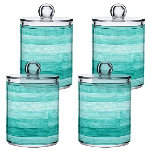 ALAZA 2pcs Teal Turquoise Green Wood Qtip Holder Dispenser 14 oz Bathroom Storage Clear Apothecary Jars Containers Cotton Ball,Cotton Rounds,Floss Picks, Hair Clips, Food