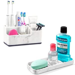 vitviti toothbrush holder for bathroom, bathroom storage vanity tray, resin soap tray counter organizer, sponge holder for soap dispenser/kitchen sink, white marble look