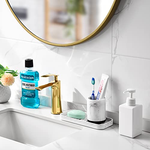 Vitviti Toothbrush Holder for Bathroom, Bathroom Storage Vanity Tray, Resin Soap Tray Counter Organizer, Sponge Holder for Soap Dispenser/Kitchen Sink, White Marble Look