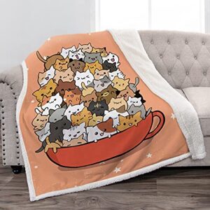 jekeno teacup cats blanket orange soft warm print throw sherpa blanket for kids adult office gift 50"x60"