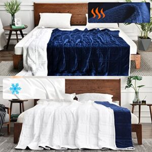 omystyle king size weighted blanket 15lbs(88''x104'', navy blue / white), reversible weighted blanket with warm short plush and cooling tencel fabric for all season use - carry bag included