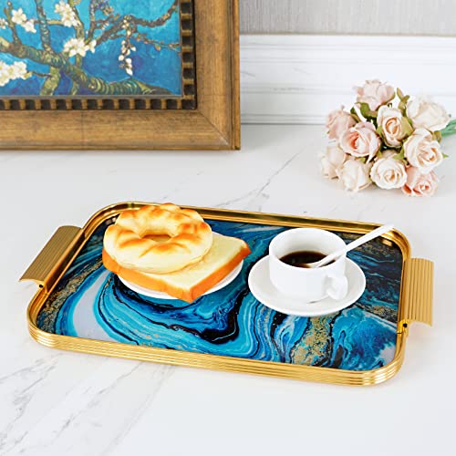 Dalimfun Glass Decorative Tray, Turqoise Marbling Serving Tray with Handles, Rectangular Coffee Table Tray, Decor Tray for Ottoman, Bar, Vanty, Makeup Perfume Organizer, 15.6 X 10 Inch