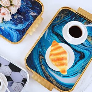 Dalimfun Glass Decorative Tray, Turqoise Marbling Serving Tray with Handles, Rectangular Coffee Table Tray, Decor Tray for Ottoman, Bar, Vanty, Makeup Perfume Organizer, 15.6 X 10 Inch