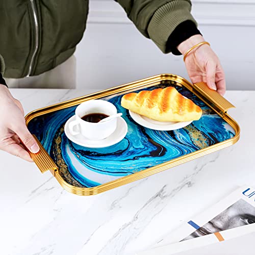 Dalimfun Glass Decorative Tray, Turqoise Marbling Serving Tray with Handles, Rectangular Coffee Table Tray, Decor Tray for Ottoman, Bar, Vanty, Makeup Perfume Organizer, 15.6 X 10 Inch