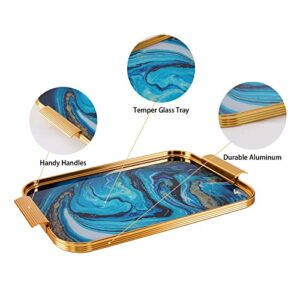 Dalimfun Glass Decorative Tray, Turqoise Marbling Serving Tray with Handles, Rectangular Coffee Table Tray, Decor Tray for Ottoman, Bar, Vanty, Makeup Perfume Organizer, 15.6 X 10 Inch