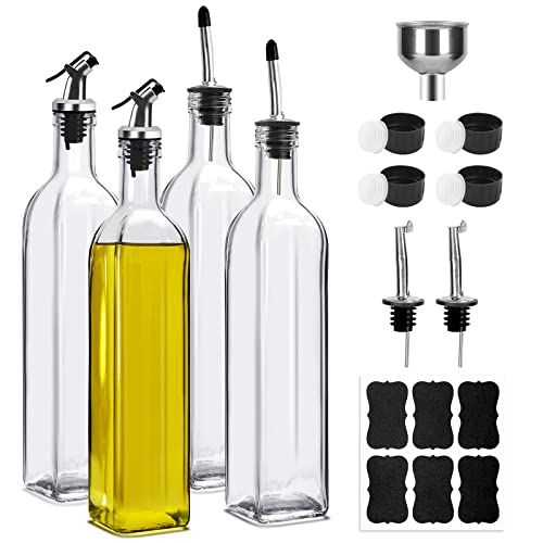 BAKHUK 4 Pack 17oz Glass Olive Oil Dispenser Bottles 500ml Clear Vinegar Cruet with Pourers and Funnel for Kitchen