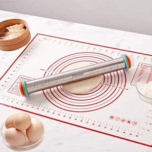 Rolling Pin and Silicone Baking Pastry Mat Set, Stainless Steel Dough Roller, Rolling Pins with Adjustable Thickness Rings, for Baking Dough, Pizza, Pie, Pastries, Pasta, Cookies