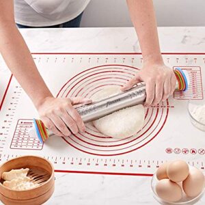 Rolling Pin and Silicone Baking Pastry Mat Set, Stainless Steel Dough Roller, Rolling Pins with Adjustable Thickness Rings, for Baking Dough, Pizza, Pie, Pastries, Pasta, Cookies