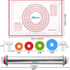 Rolling Pin and Silicone Baking Pastry Mat Set, Stainless Steel Dough Roller, Rolling Pins with Adjustable Thickness Rings, for Baking Dough, Pizza, Pie, Pastries, Pasta, Cookies