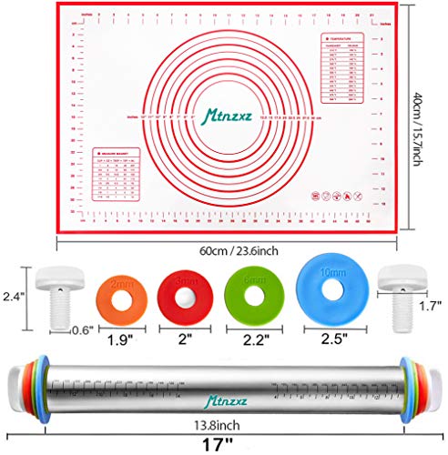Rolling Pin and Silicone Baking Pastry Mat Set, Stainless Steel Dough Roller, Rolling Pins with Adjustable Thickness Rings, for Baking Dough, Pizza, Pie, Pastries, Pasta, Cookies