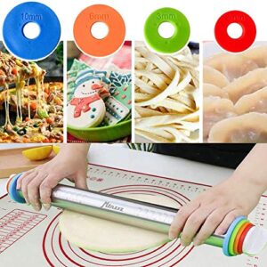 Rolling Pin and Silicone Baking Pastry Mat Set, Stainless Steel Dough Roller, Rolling Pins with Adjustable Thickness Rings, for Baking Dough, Pizza, Pie, Pastries, Pasta, Cookies