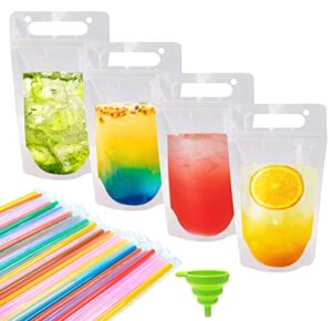 100 pcs drink pouches for adults, reusable drink pouches with straws funnel, hand-held juice pouches for adults smoothie pouches for birthday, cool summer party