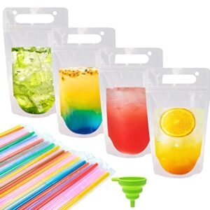 100 Pcs Drink Pouches for Adults, Reusable Drink Pouches with Straws Funnel, Hand-held Juice Pouches for Adults Smoothie Pouches for Birthday, Cool Summer Party