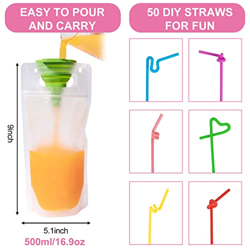 100 Pcs Drink Pouches for Adults, Reusable Drink Pouches with Straws Funnel, Hand-held Juice Pouches for Adults Smoothie Pouches for Birthday, Cool Summer Party