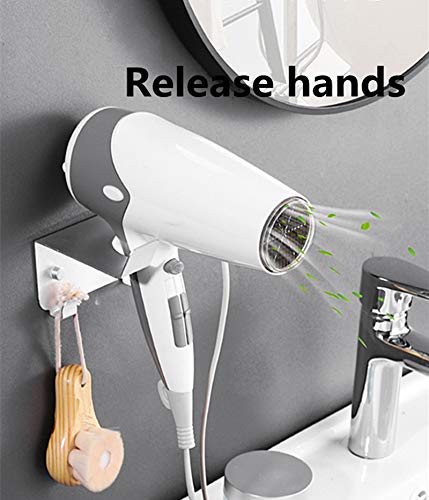 Yzger Hair Dryer Holder Hair Blow Dryer Rack Wall Mount Include Power Plug Hook Wall Punching Mounted Punching or Self-Adhesive Two Ways to Use and Fit for Most Hair Dryers (Silver)