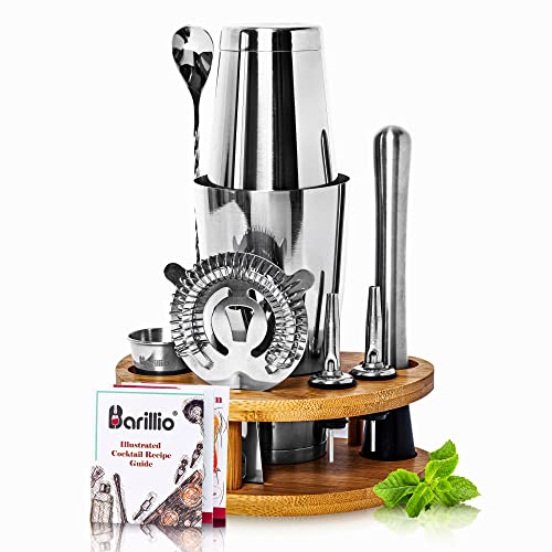 Elite Mixology Bartender Kit Cocktail Shaker Set by Barillio: Drink Mixer Set with Bar Tools, Bamboo Stand Boston Shaker Mojito Muddler Mixing Spoon Jigger Recipes Booklet