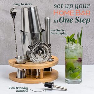 Elite Mixology Bartender Kit Cocktail Shaker Set by Barillio: Drink Mixer Set with Bar Tools, Bamboo Stand Boston Shaker Mojito Muddler Mixing Spoon Jigger Recipes Booklet