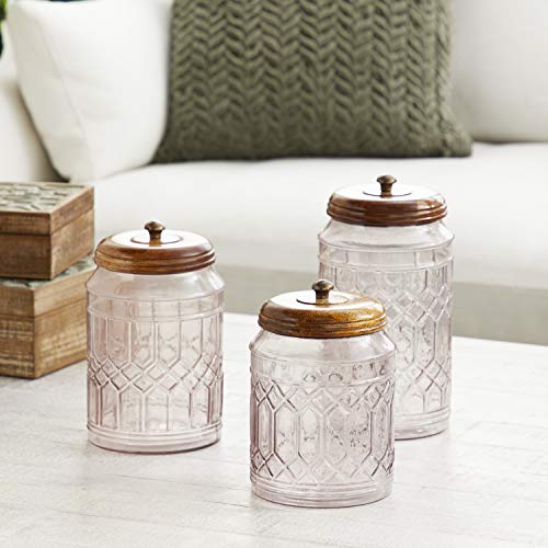 Deco 79 Glass Decorative Jars with Wood Lids, Set of 3 8", 9", 11"H, Clear