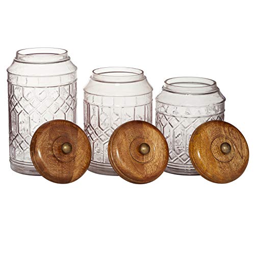 Deco 79 Glass Decorative Jars with Wood Lids, Set of 3 8", 9", 11"H, Clear