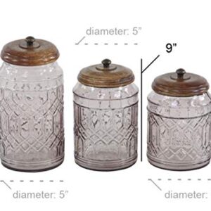 Deco 79 Glass Decorative Jars with Wood Lids, Set of 3 8", 9", 11"H, Clear