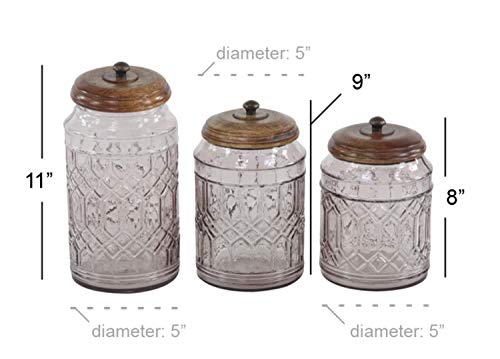 Deco 79 Glass Decorative Jars with Wood Lids, Set of 3 8", 9", 11"H, Clear