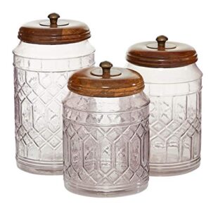 Deco 79 Glass Decorative Jars with Wood Lids, Set of 3 8", 9", 11"H, Clear