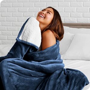 bare home sherpa fleece blanket - throw/travel blanket - blanket for bed, sofa, couch, camping and travel - warm & lightweight - fluffy & soft plush blanket - reversible (throw/travel, dark blue)
