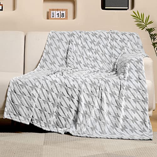 FY FIBER HOUSE Throw Blanket Flannel Fleece Lightweight Cozy Plush Microfiber - 3D Houndstooth Print Throw for Sofa Couch Bed, 50"X60", Grey