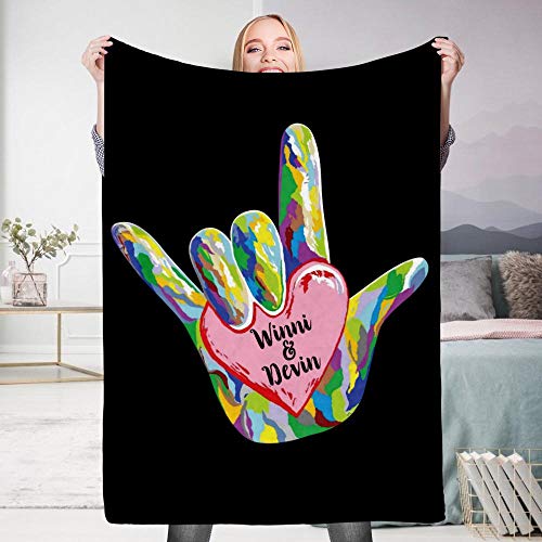 VEELU American Sign Language Blanket with Custom Name ASL I Really Love You Personalized Letter Blanket Living Room/Bedroom Warm Throw Blanket for Family Husband Wife Baby 59x79inch