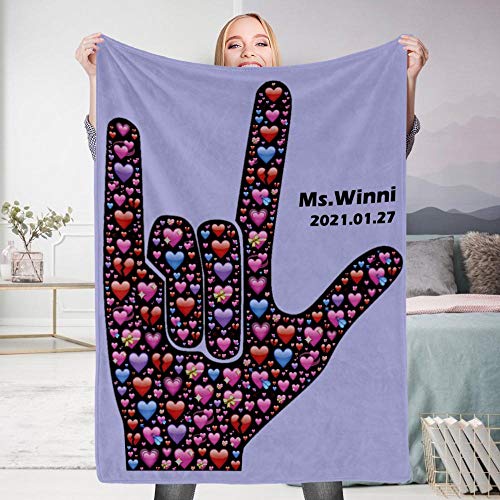 VEELU American Sign Language Blanket with Custom Name ASL I Really Love You Personalized Letter Blanket Living Room/Bedroom Warm Throw Blanket for Family Husband Wife Baby 59x79inch