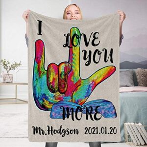 VEELU American Sign Language Blanket with Custom Name ASL I Really Love You Personalized Letter Blanket Living Room/Bedroom Warm Throw Blanket for Family Husband Wife Baby 59x79inch