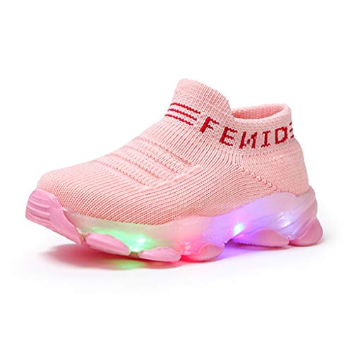 Lykmera Children Baby Luminous Shoes Sport Running Shoes Boys Socks Shoes Casual Led Run Mesh Letter Printed Shoes (Pink, 15-18 Months)