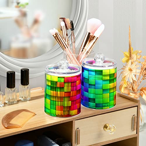 ALAZA Colorful Boxes Rainbow 2 Pack Qtip Holder Dispenser 14 Oz Clear Plastic Apothecary Jar Containers Jars Bathroom for Cotton Swab, Ball, Pads, Floss, Vanity Makeup Organizer