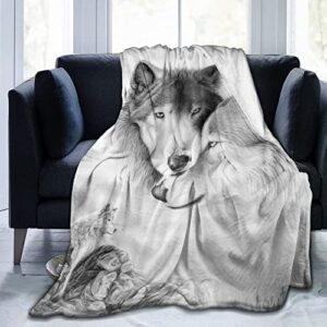 grey wolf lovers throw blanket, soft flannel warm cozy luxury fall winter bedding blankets for adult kids birthday christmas new year mothers fathers valentines day wolf gift blanket 60"x50"