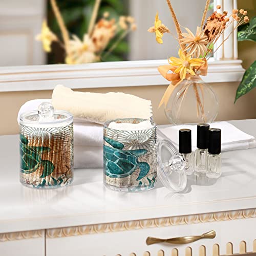 CHIFIGNO Vintage Blue Sea Turtles Starfish Map Qtip Dispenser 2 Pack Clear Apothecary Plastic Jars Bathroom Storage Containers for Cotton Pads, Cotton Ball, Cotton Swabs, Floss Picks 10 Oz