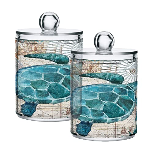 CHIFIGNO Vintage Blue Sea Turtles Starfish Map Qtip Dispenser 2 Pack Clear Apothecary Plastic Jars Bathroom Storage Containers for Cotton Pads, Cotton Ball, Cotton Swabs, Floss Picks 10 Oz