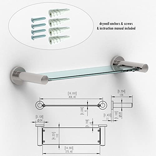 SAFETY+BEAUTY Bathroom Hardware Accessories, Stainless Steel Rust Proof (Brushed Nickel, 16" Glass Shelf 1PK)