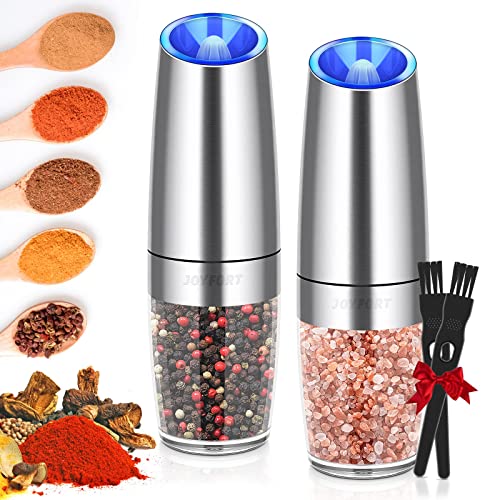 Gravity Electric Salt and Pepper Grinder Set, Joyfort Automatic Pepper Mill Grinder Battery Powered with Adjustable Coarseness, Stainless Steel,2 Pack