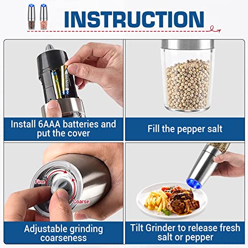 Gravity Electric Salt and Pepper Grinder Set, Joyfort Automatic Pepper Mill Grinder Battery Powered with Adjustable Coarseness, Stainless Steel,2 Pack