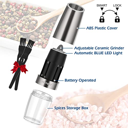 Gravity Electric Salt and Pepper Grinder Set, Joyfort Automatic Pepper Mill Grinder Battery Powered with Adjustable Coarseness, Stainless Steel,2 Pack