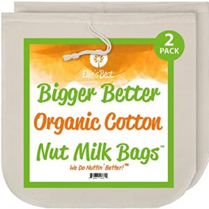nut milk bags - organic cotton - not cheesecloth - pro quality unbleached 12"x12" 2 pack - perfect size mesh strainer for almond milk-cheese-tea-yogurt-juices-soups- reusable washable