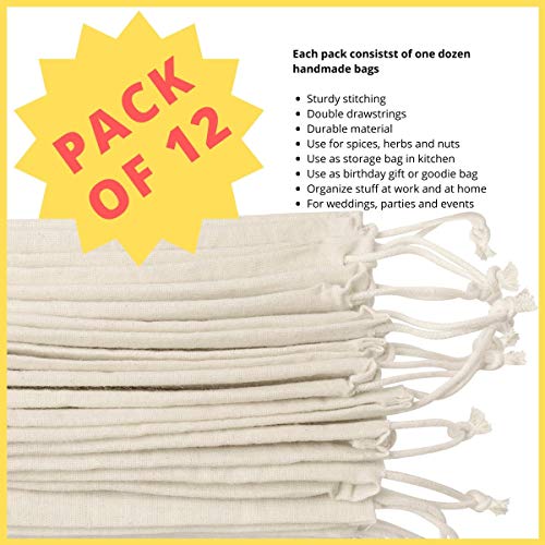 100 Percent Cotton Muslin Drawstring Bags 12-Pack For Storage Pantry Gifts (5 x 7 inch - 12 pack, Beige)