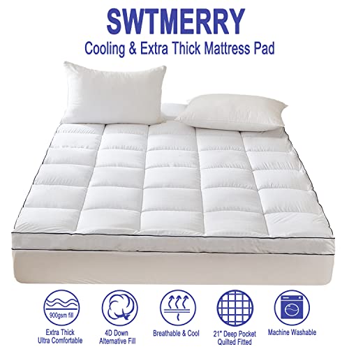 Full Size Mattress Pad Topper - Extra Thick Quilted Fitted Mattress Protector Pillow Cotton Top with 21" Deep Pocket for 8-24 inches Mattress,Soft and Breathable Bed Topper Cover