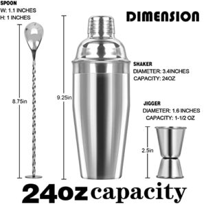 Large 24oz Cocktail Shaker Set, Stainless Steel 18/8 Martini Mixer Shaker with Built-in Strainer, Measuring Jigger & Mixing Spoon, Professional Martini Shaker Set, Perfect for Bartender and Home Use