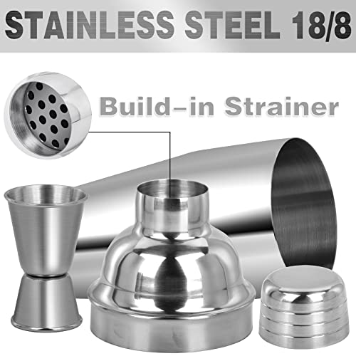 Large 24oz Cocktail Shaker Set, Stainless Steel 18/8 Martini Mixer Shaker with Built-in Strainer, Measuring Jigger & Mixing Spoon, Professional Martini Shaker Set, Perfect for Bartender and Home Use