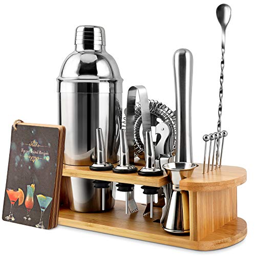 Bartender Kit, EPTISON 16-Piece Stainless Steel Cocktail Shaker Set with Stylish Bamboo Stand & Cocktail Recipes Booklet, Professional Bar Tools for Drink Mixing, Home, Bar, Parties